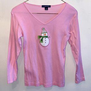 Pink snowman v-neck long sleeve shirt